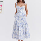 Damen Floral Maxikleid mit schulterfreiem Design und voluminösem Rock R&B