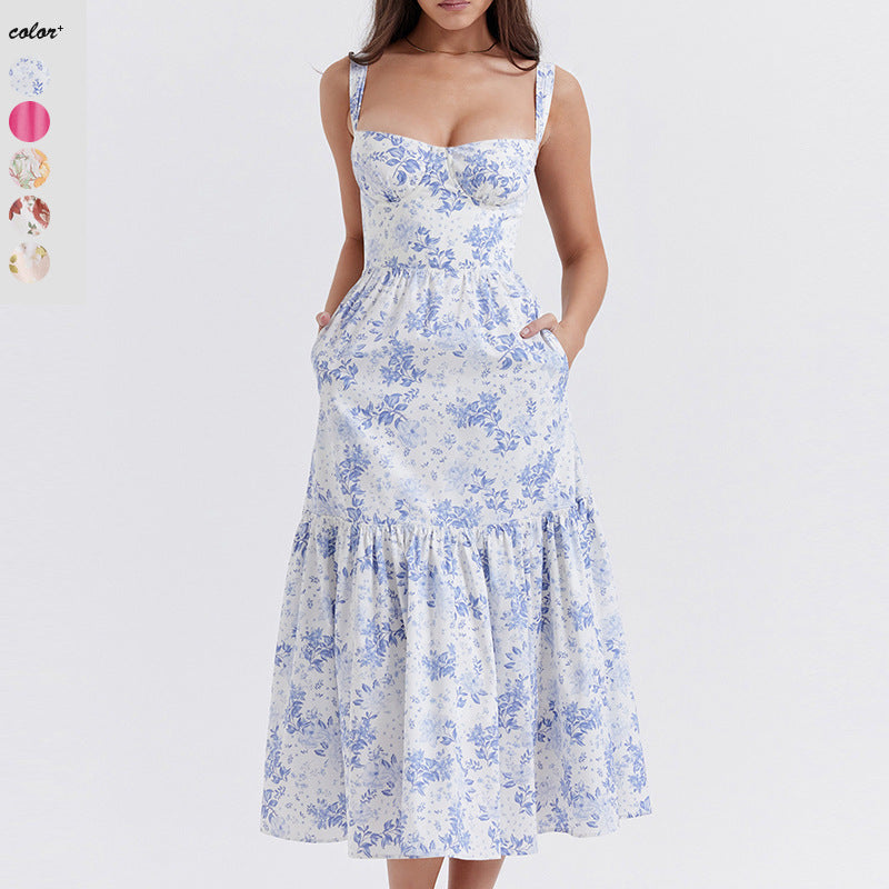 Damen Floral Maxikleid mit schulterfreiem Design und voluminösem Rock R&B
