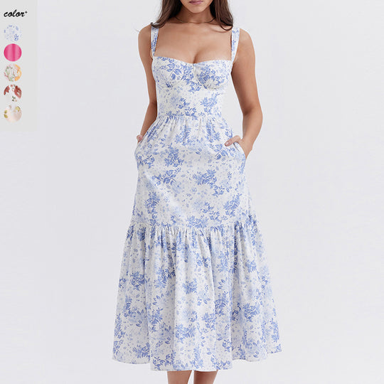 Damen Floral Maxikleid mit schulterfreiem Design und voluminösem Rock R&B