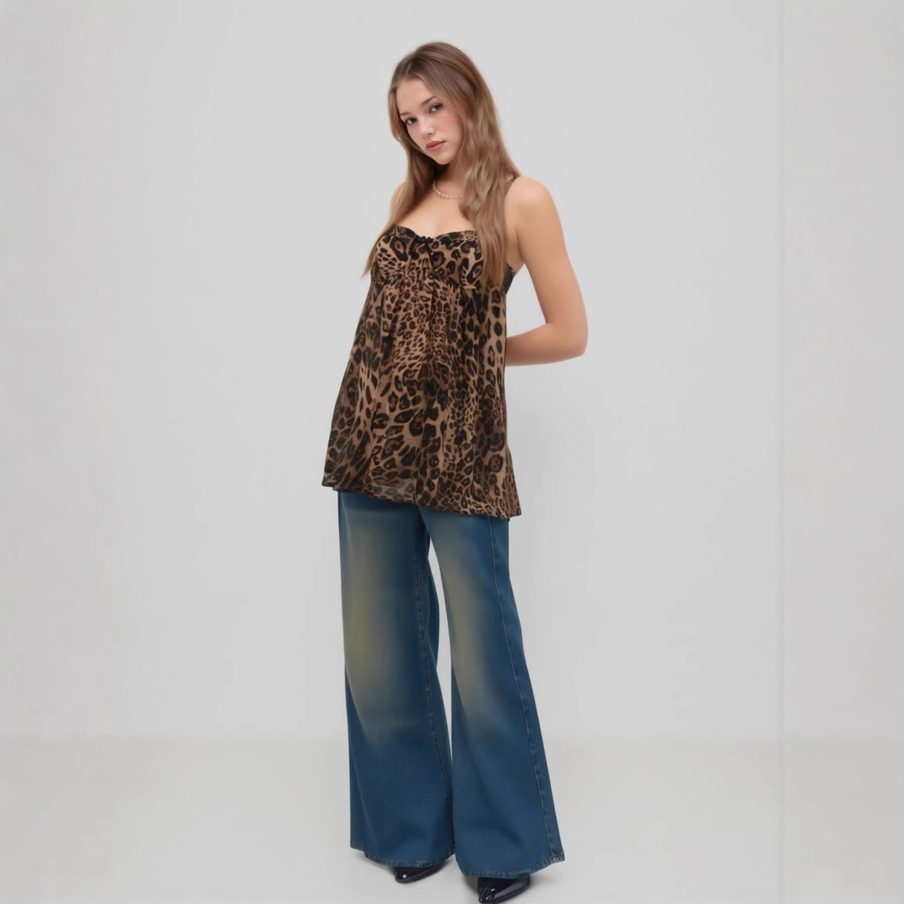 Damen Verspielt transparentes Spaghettiträgershirt mit Leopardenmuster R&B