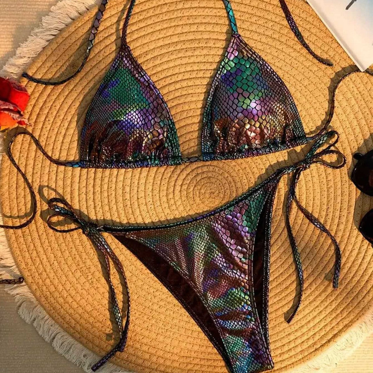 Damen Triangel-Bikini mit schimmerndem Schlangendesign R&B
