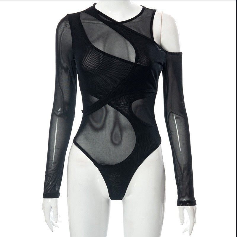 Damen Body mit asymmetrischem Design und transparenten Ärmeln R&B