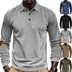 Herren nan geripptes Langarm-Poloshirt mit Henley-Knopfleiste und veloursähnlichen Ellbogenpatches R&B