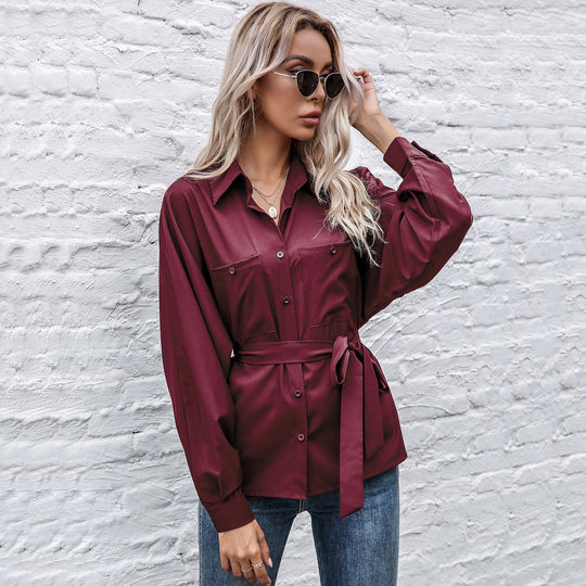 Damen Elegantes Hemdblusenshirt mit Taillengürtel und hochwertigem Satin Material R&B