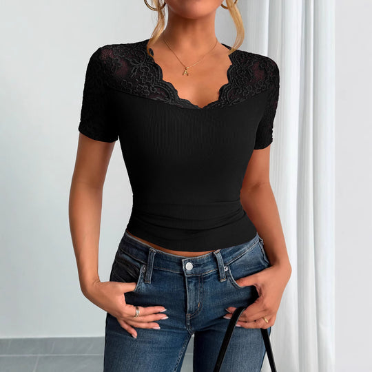 Damen Spitzen-Crop-Top mit elegantem Rundhalsausschnitt R&B