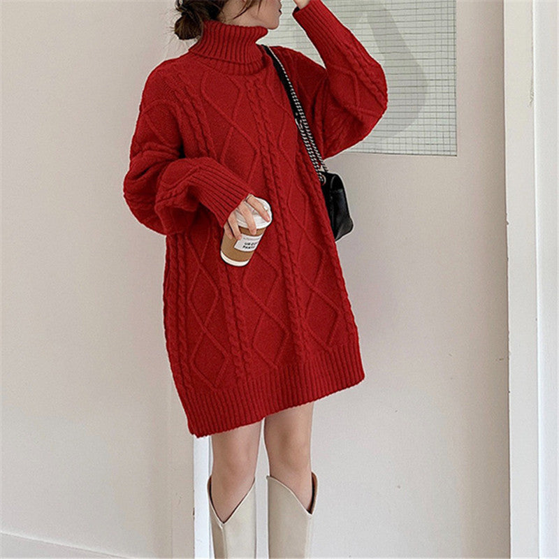 Damen Langer Strickpullover mit dickem Zopfmuster und Stehkragen