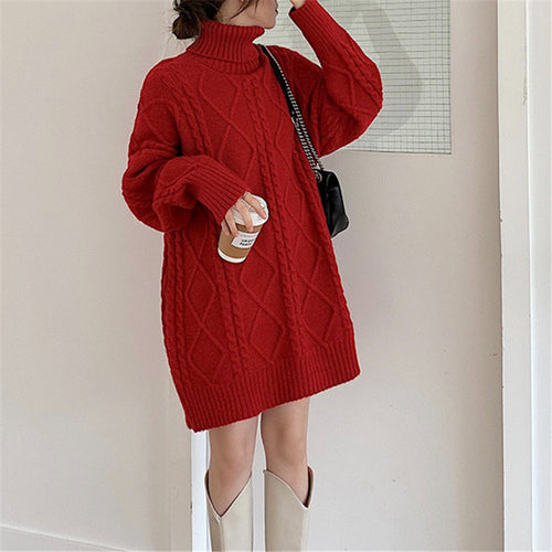 Damen Langer Strickpullover mit dickem Zopfmuster und Stehkragen R&B