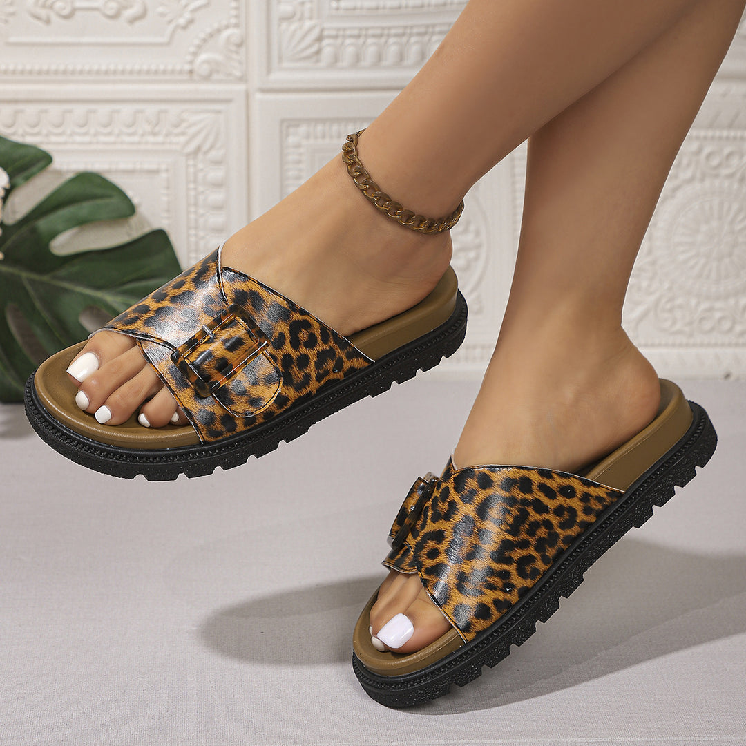 Damen Riemchen-Sandalen mit modischem Leopardenmuster und rutschfester Sohle R&B