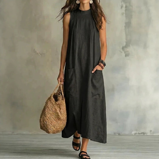Damen nan ärmelloses Leinen-Maxikleid mit Stehkragen, Brustfalten und aufgesetzten Taschen R&B