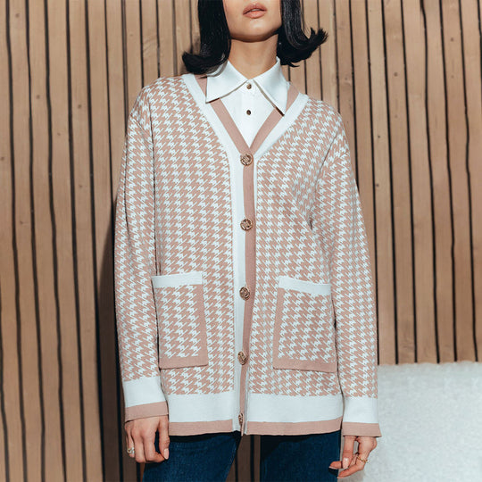 Damen Strickcardigan mit klassischem Hahnentritt-Muster und Knopfleiste R&B