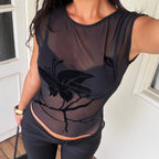 Damen transparente Mesh-Bluse mit floralem Druck R&B