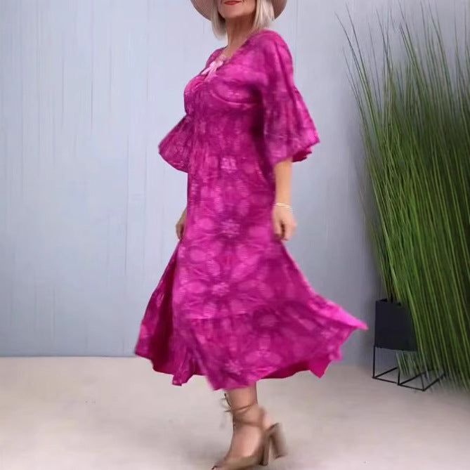 Damen nan luftiges Midikleid mit V‑Ausschnitt, Stufensaum und halblangen Volantärmeln R&B