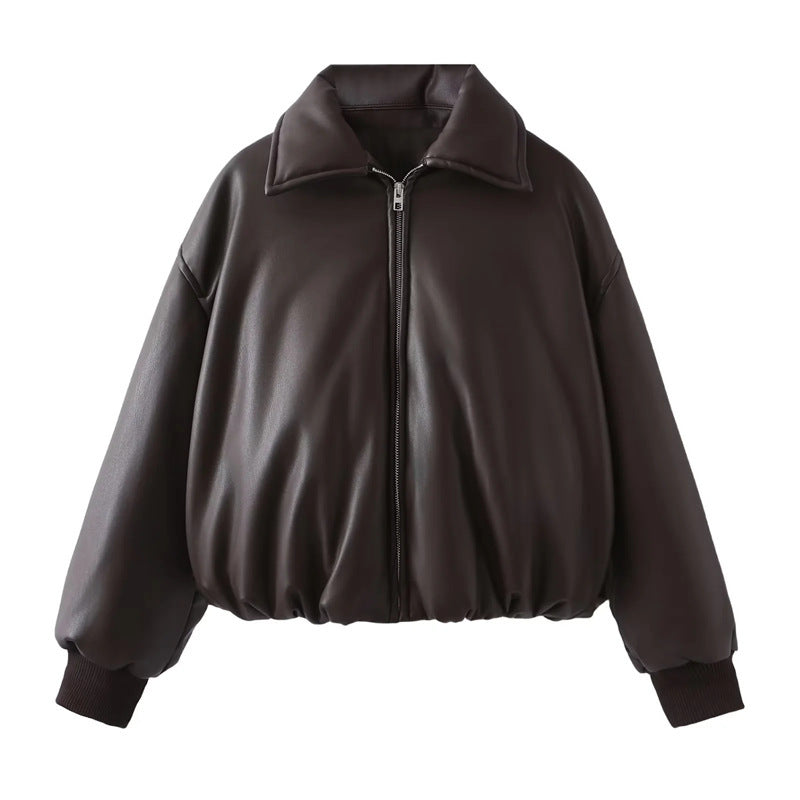 Damen lässige Kunstlederjacke mit voluminösem Schnitt und praktischen Taschen R&B