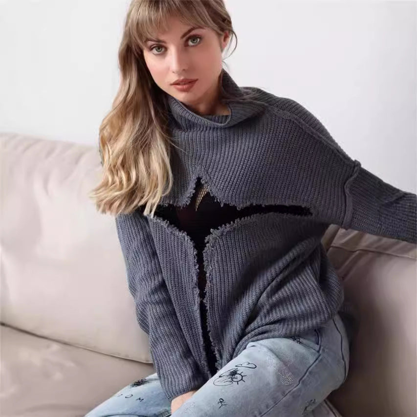 Damen Oversized Strickpullover mit aufregendem Mesh-Einsatz und unkonventionellem Design R&B