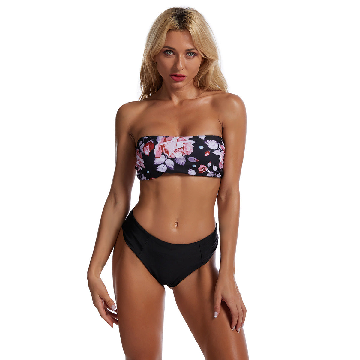Damen Bandeau-Bikini mit floralem Oberteil und hohem Bund R&B