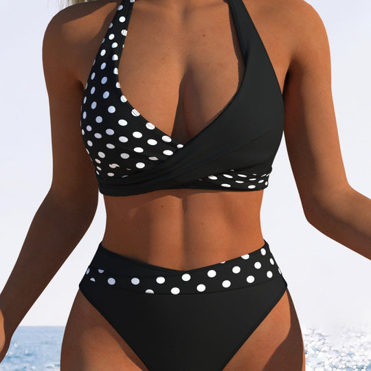 Damen Hoch geschnittenes Bikini-Set mit modischem Wickeloberteil und elastischem Bund R&B