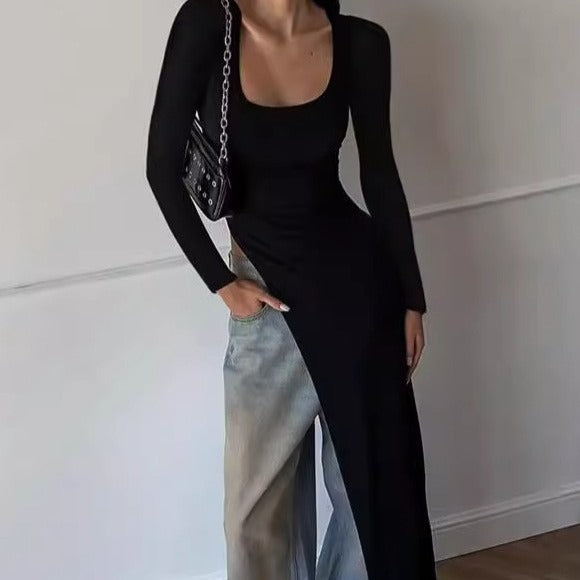 Damen Elegantes langärmliges Kleid mit asymmetrischem Saum R&B