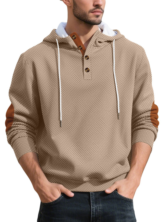 Herren nan strukturierter Kapuzen-Henley-Pullover mit Jacquardstruktur, Knopfleiste und Ellenbogenpatches R&B