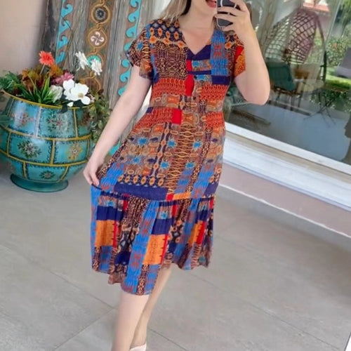 Damen Maxikleid mit buntem Patchwork-Design und luftiger Passform Heidi-Mode