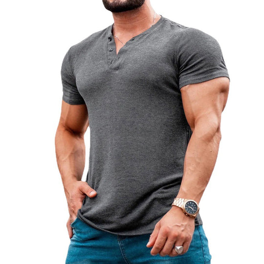 Herren nan muskelbetontes Kurzarmshirt mit Knopfleiste und V-Ausschnitt aus Baumwollstretch R&B