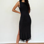 Damen zeitloses Maxikleid mit transparentem Saum R&B