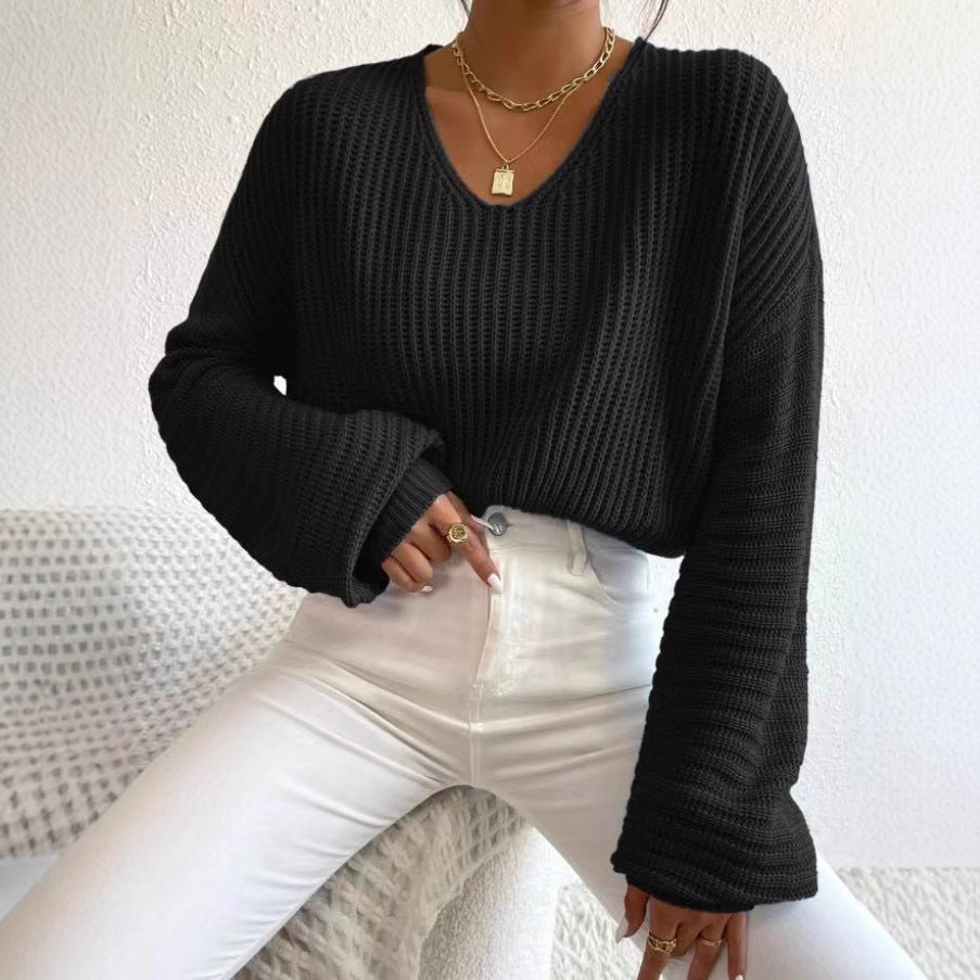 Damen lässiger Strickpullover mit weitem V-Ausschnitt und extra langen Ärmeln R&B
