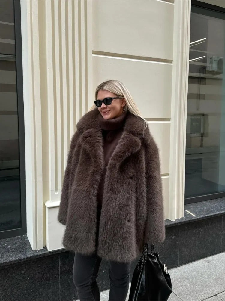 Damen Modische Kunstfelljacke mit voluminösen Ärmeln R&B