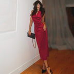Damen Elegantes Satin-Langarmkleid mit figurbetontem Schnitt und schwingendem Rock R&B