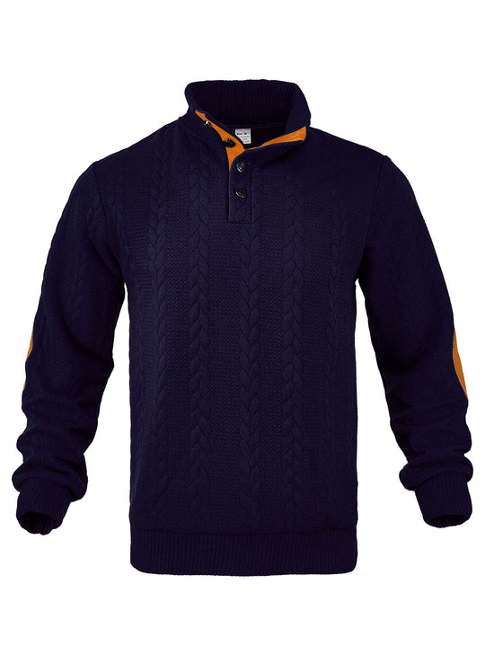 Herren nan Zopfmuster-Halbknopf-Pullover mit hohem Stehkragen und Wildleder-Ellbogenpatches R&B