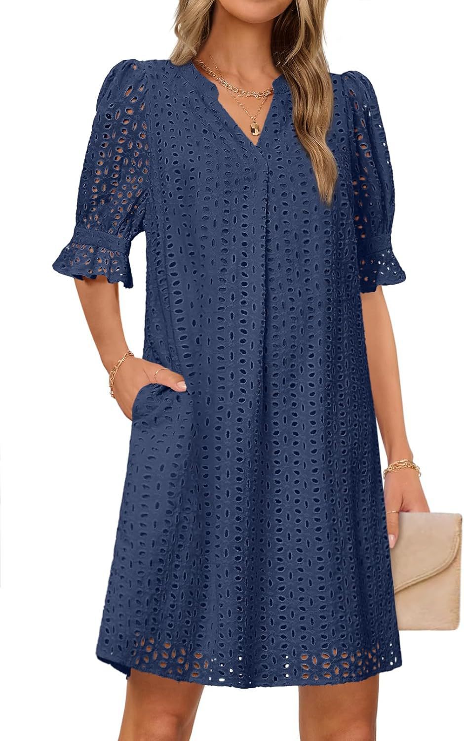 Damen luftiges Blumenkleid mit eleganten Lochdetails R&B
