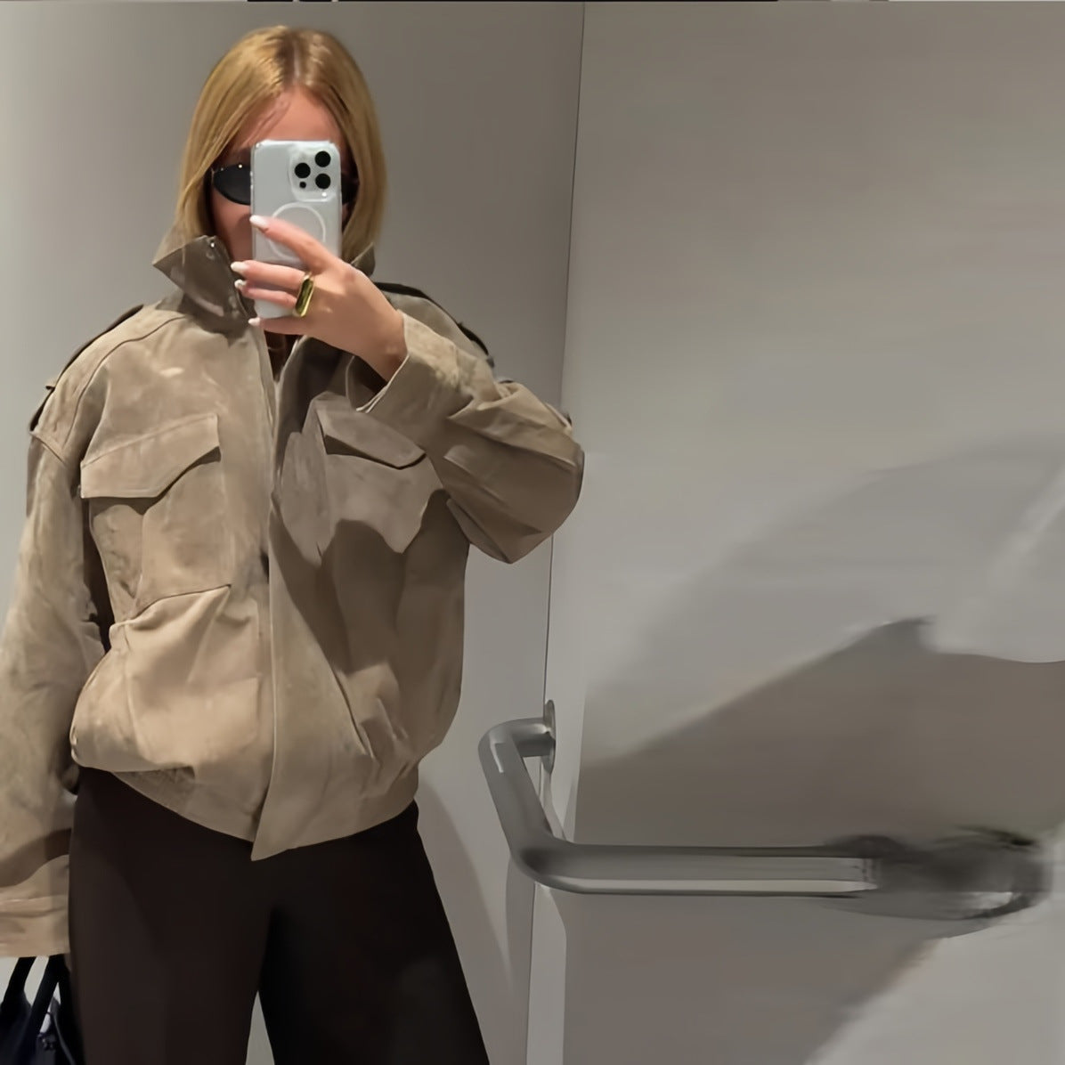 Damen Modische Oversized-Wildlederjacke mit praktischen Taschen und hohem Kragen R&B