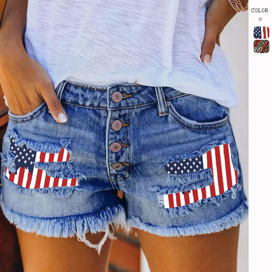 Damen Denim-Shorts mit Vintage-Fransen und patriotischen Applikationen R&B