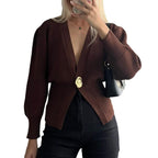 Damen modischer Strickcardigan mit tiefem V-Ausschnitt und dekorativem Knopf R&B