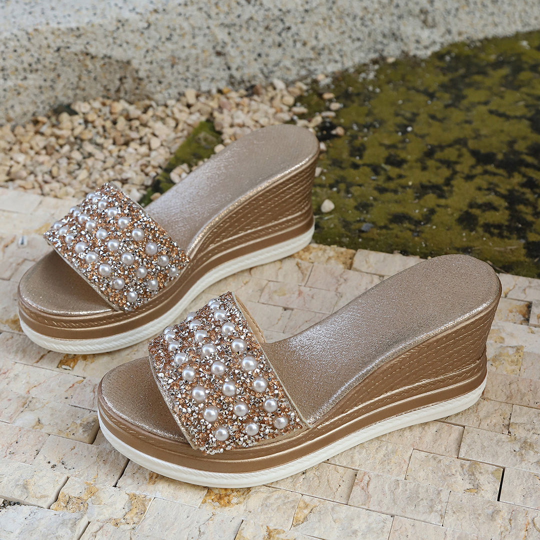 Damen Wedge-Pantoletten mit eleganten Perlen-Applikationen und modischem Korkfußbett R&B