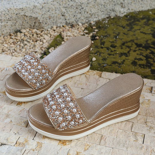 Damen Wedge-Pantoletten mit eleganten Perlen-Applikationen und modischem Korkfußbett R&B