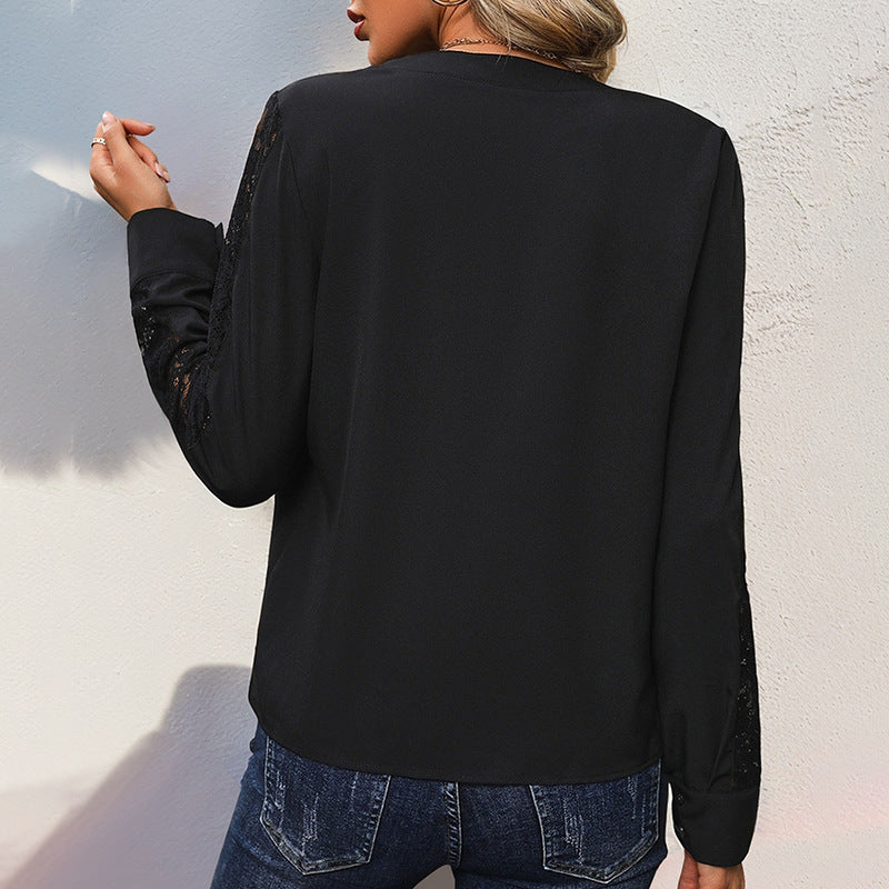 Damen Bluse mit Spitzenärmeln und elegantem V-Ausschnitt R&B