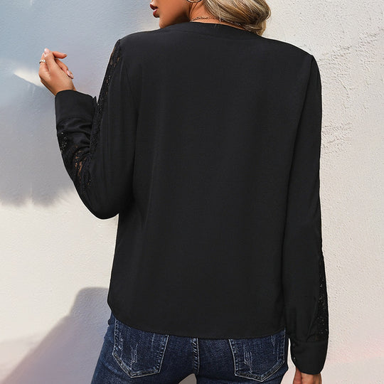 Damen Bluse mit Spitzenärmeln und elegantem V-Ausschnitt R&B
