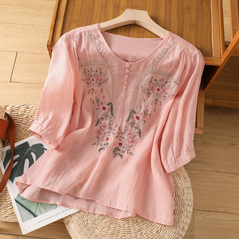Damen Blusenshirt mit floralem Stickdesign und knöpfbarem Ausschnitt R&B