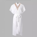 Damen elegantes Kimono-Style Strandkleid mit Gürtel und V-Ausschnitt R&B