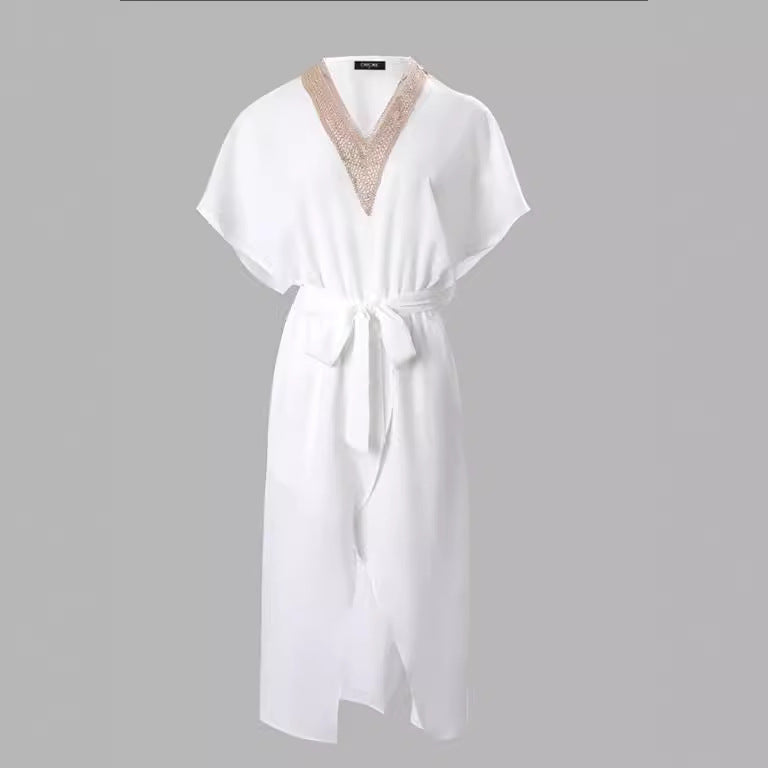 Damen elegantes Kimono-Style Strandkleid mit Gürtel und V-Ausschnitt R&B
