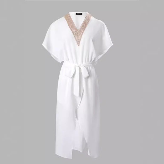 Damen elegantes Kimono-Style Strandkleid mit Gürtel und V-Ausschnitt R&B