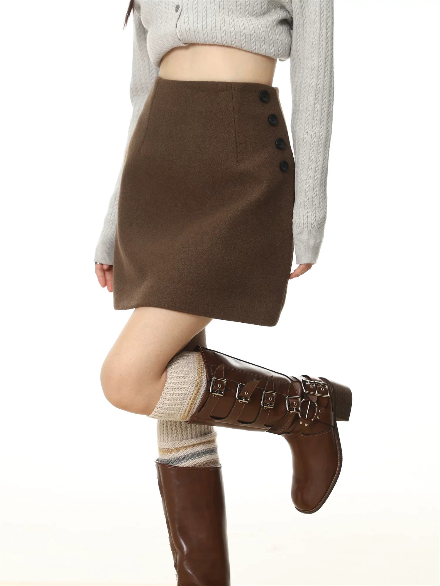 Damen nan A-Linien-Minikrock mit hohem Bund und seitlicher Knopfleiste aus Wollmix R&B