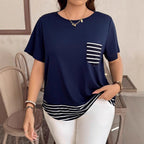 Damen Legeres T-Shirt mit gestreiftem Saum und Brusttasche R&B
