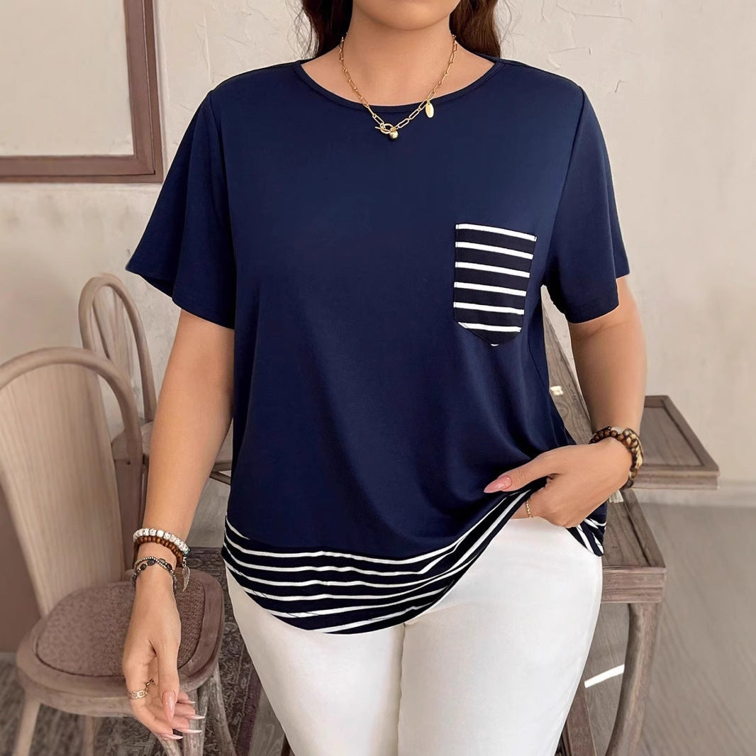 Damen Legeres T-Shirt mit gestreiftem Saum und Brusttasche R&B