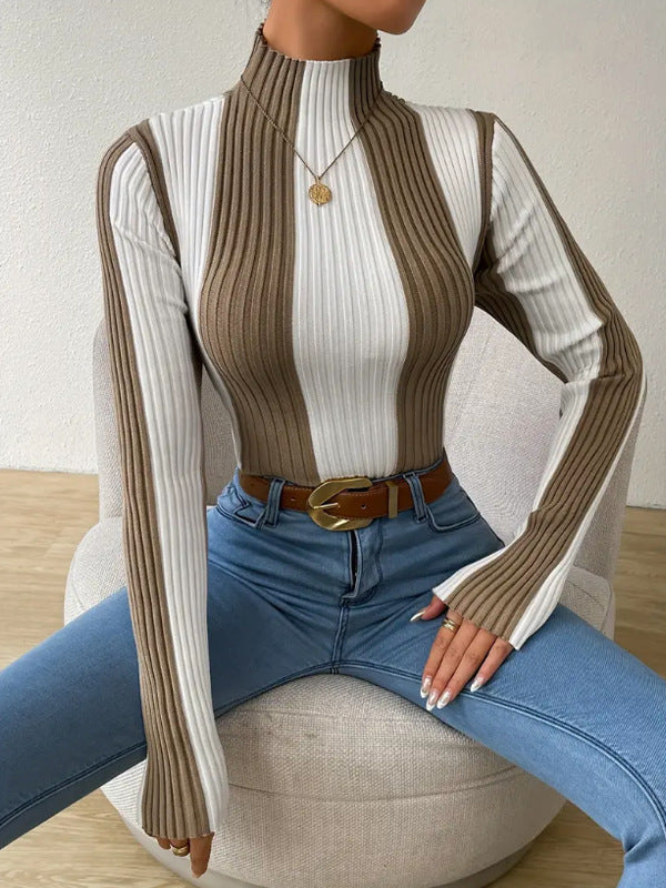 Damen Langarmshirt mit strukturiertem Rippmuster und hohem Kragen R&B