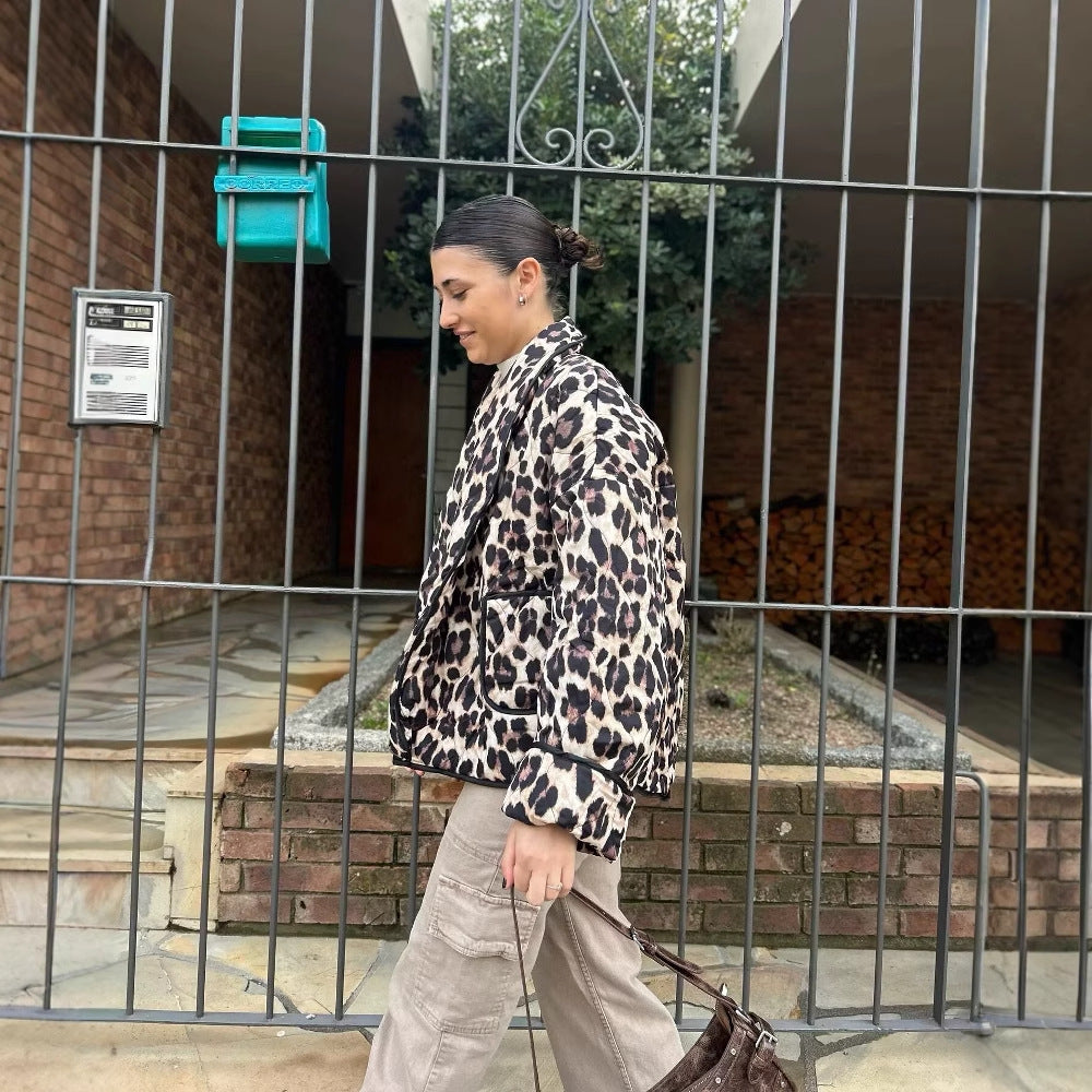 Damen lässige Leopardenmuster Jacke mit praktischem Schnitt und großen Taschen R&B