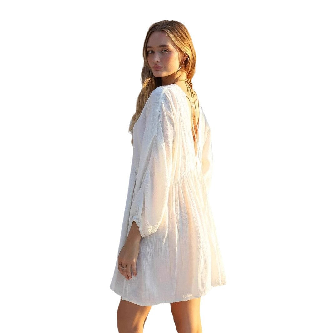 Damen luftiges Sommerkleid mit tiefem V-Ausschnitt und Rüschendetails R&B