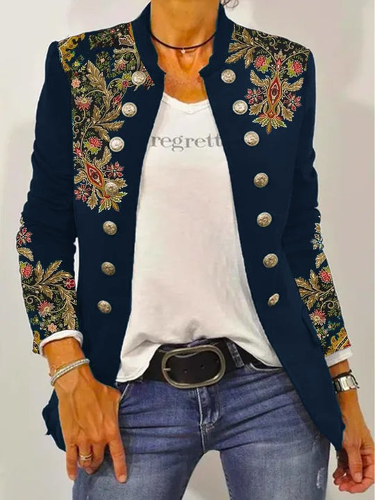Damen Elegante Blazerjacke mit floralem Stickdesign und kontrastierenden Knöpfen R&B