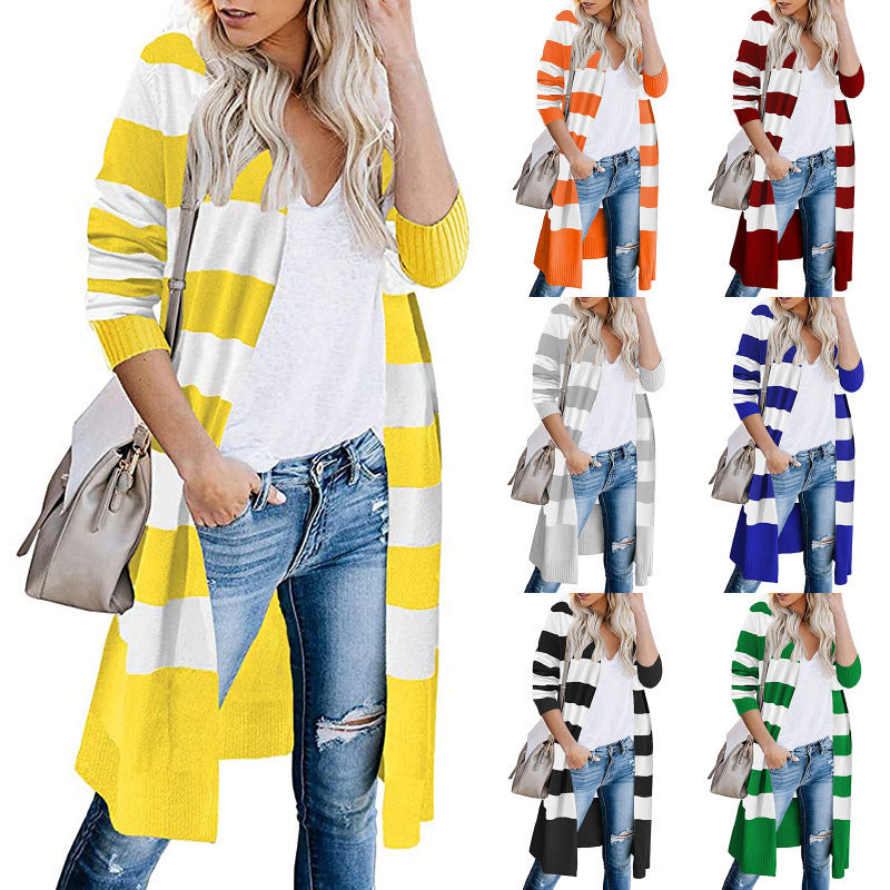 Damen Langer Strickcardigan mit gestreiftem Design R&B