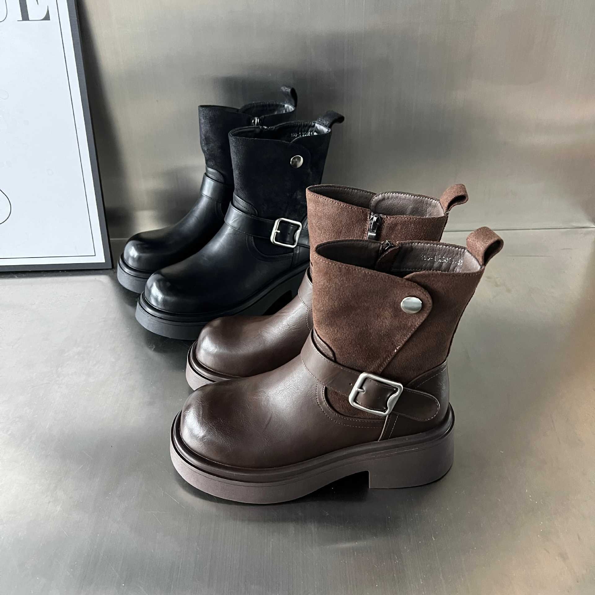 Damen Kick-Boots mit modischem Riemen und stabiler Gummisohle R&B